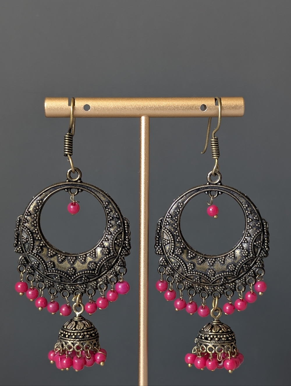 Hoop Earrings with Hot Pink Bead